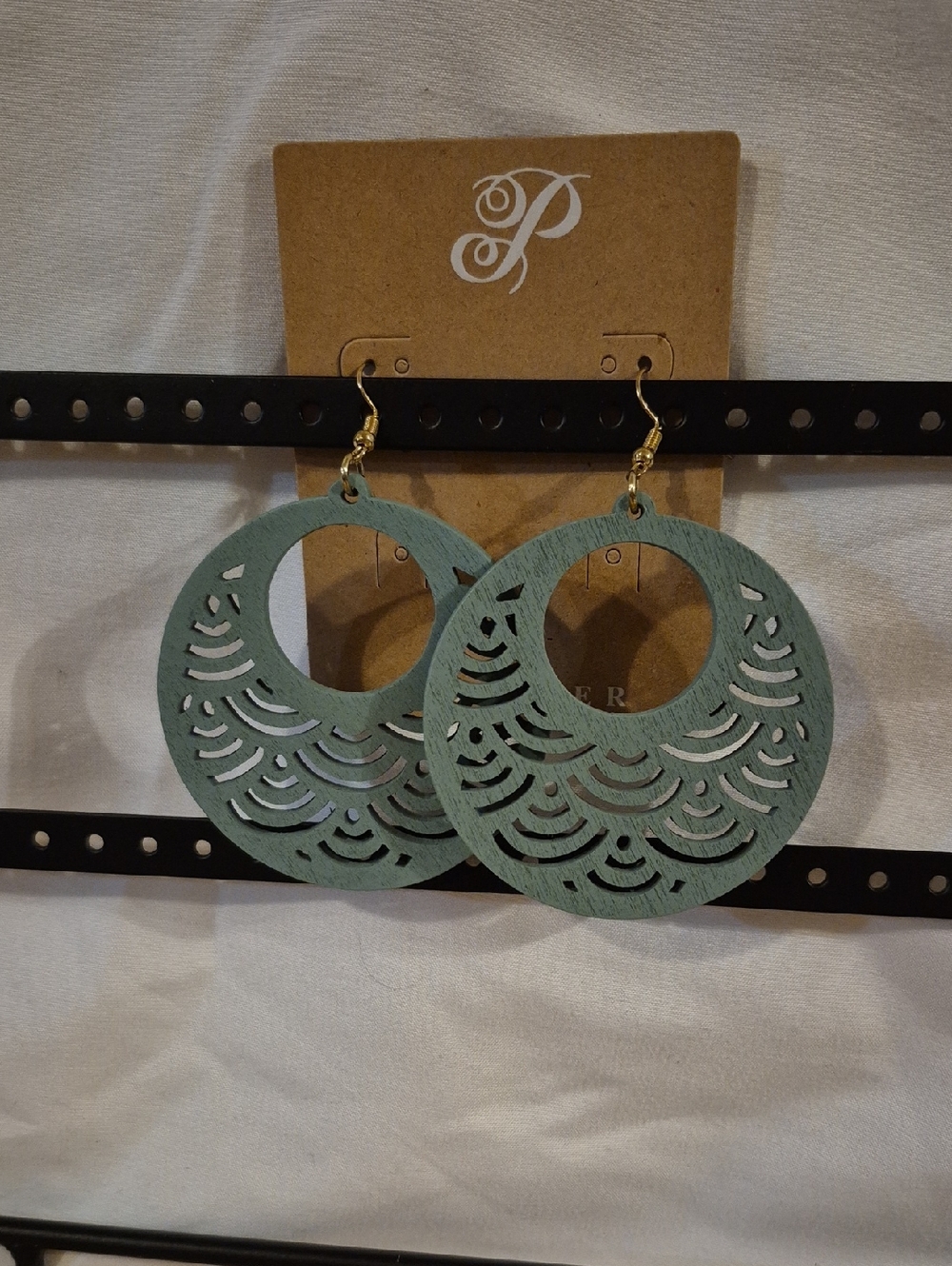 Pistachio Green Filigree Wood Hoop Earrings